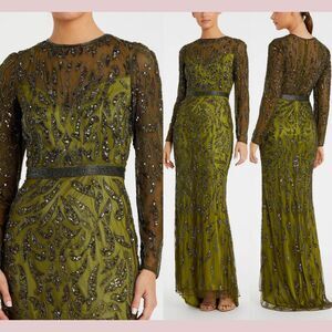 NWT $598 Mac Duggal [ 2 ] 5124 Beaded‎ Long Sleeve Evening Gown Olive Green